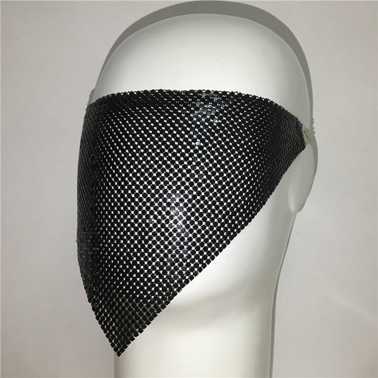 Gold rhinestone mask made of metal mesh, covering the face from the eyes to below the chin, displayed on a white mannequin head. - Image 20