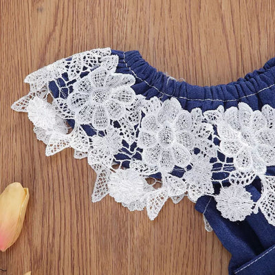 Enterizo Infantil Hombros Descubiertos con Volantes en Denim Azul - Image 14