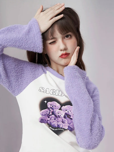 Playera Raglan Mujer con Estampado Mosaico y Oso Peluche - Image 8