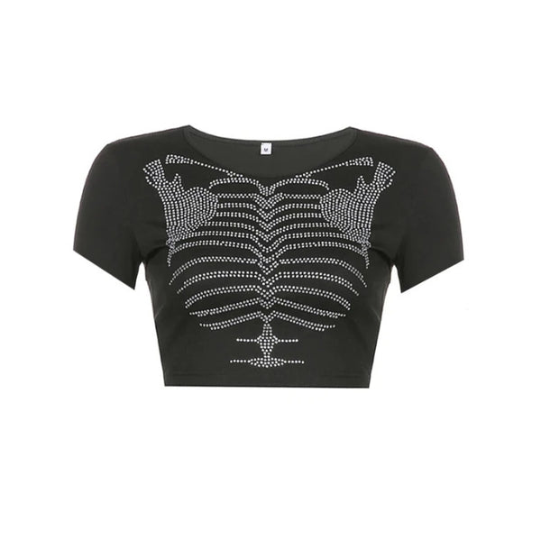 Blusa Crop Top Esqueleto con Cristales - Estilo Gótico para Mujer - Image 6