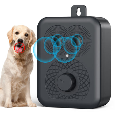 Black rechargeable anti-dog barking device with two speaker grilles, a white indicator light, and a numbered rotary dial. - Image 2