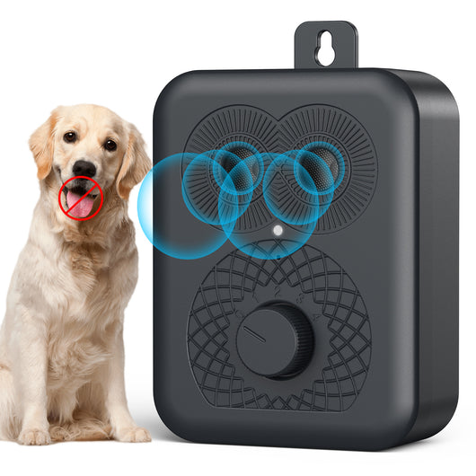 Black rechargeable anti-dog barking device with two speaker grilles, a white indicator light, and a numbered rotary dial. - Image 2