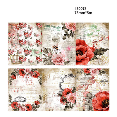 Two rolls of vintage floral washi tape with clocks, feathers, and text overlays, measuring 55mm x 5m. - Image 19