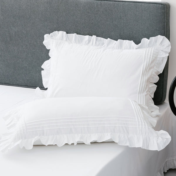 Par de Fundas de Almohada de Algodón Blanco Puro con Volantes Estilo Princesa Coreano