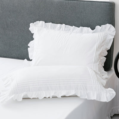Par de Fundas de Almohada de Algodón Blanco Puro con Volantes Estilo Princesa Coreano