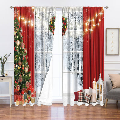Digital printed Christmas curtains with a festive garland design, red ornaments, bows, and berries, on a white background. - Image 23