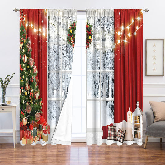 Digital printed Christmas curtains with a festive garland design, red ornaments, bows, and berries, on a white background. - Image 23