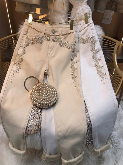 Pantalones Cintura Alta Ajustados con Detalles de Pedrería y Terciopelo - Image 7