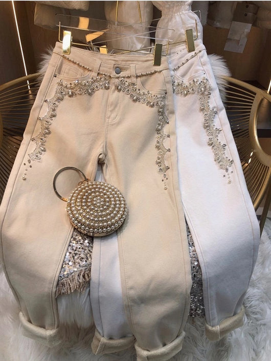 Pantalones Cintura Alta Ajustados con Detalles de Pedrería y Terciopelo - Image 7