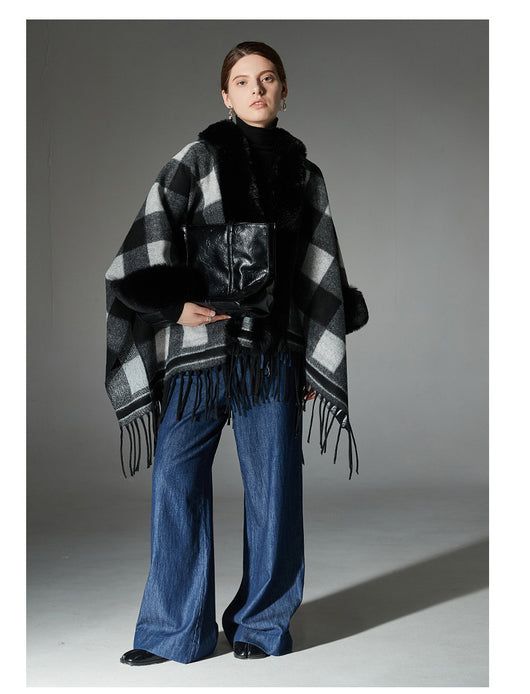 Chal Cuadros Blanco y Negro con Cuello de Piel - Estilo Europeo Otoño Invierno - Image 21