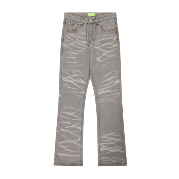 Jeans Rectos Desgastados a Mano Gris Mud con Rayas Retro - Image 3