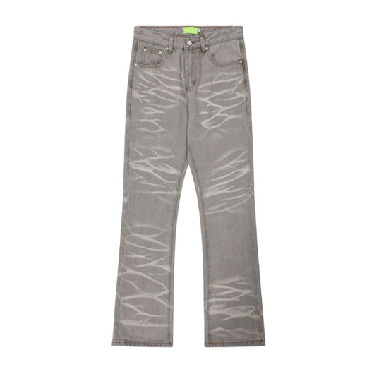 Jeans Rectos Desgastados a Mano Gris Mud con Rayas Retro - Image 3