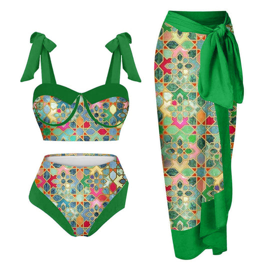 Women's three-piece swimsuit with tropical pomegranate, hibiscus, and bird print bikini and magenta sarong. - Image 12