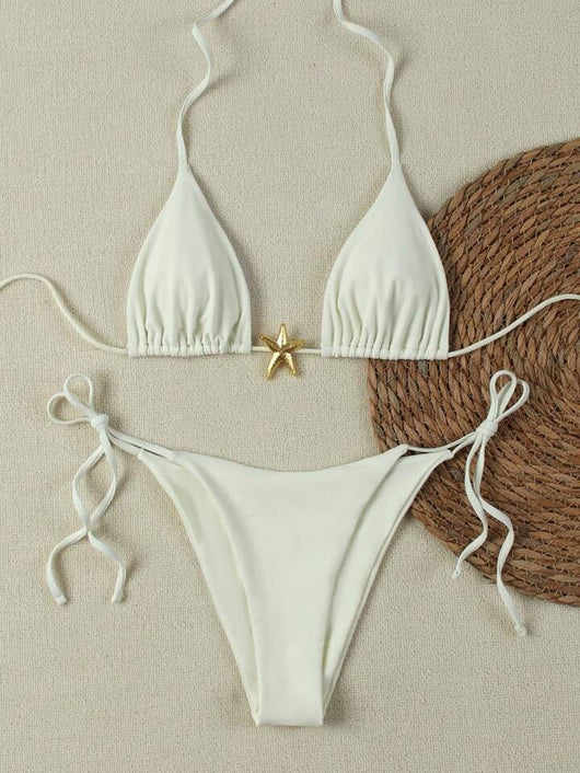 White women's bikini with triangle top and tie-side bottom, featuring a gold starfish charm on the center front. - Image 15