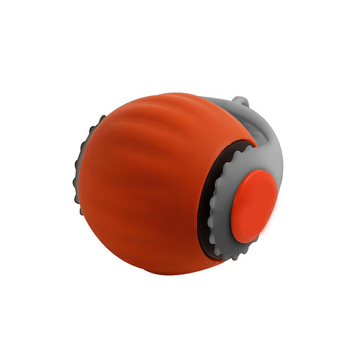 Blue and grey automatic cat toy ball with a yellow feather-like attachment and a small silver bell. - Image 8