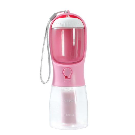 Purple 3-in-1 portable pet water bottle with food compartment, waste bag dispenser, and lanyard. - Image 15