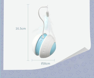 Electric pet toy ball with white and blue design, featuring a flexible arm with a blue feather teaser and a detachable feather. - Image 8