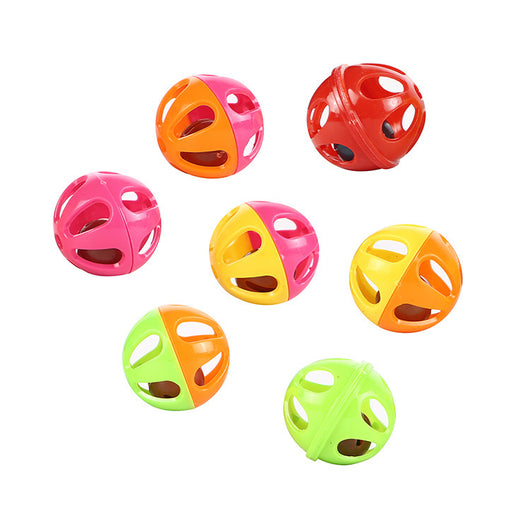 Five colorful plastic pet bell balls in red, yellow/orange, lime green, and hot pink, with hollow designs. - Image 5