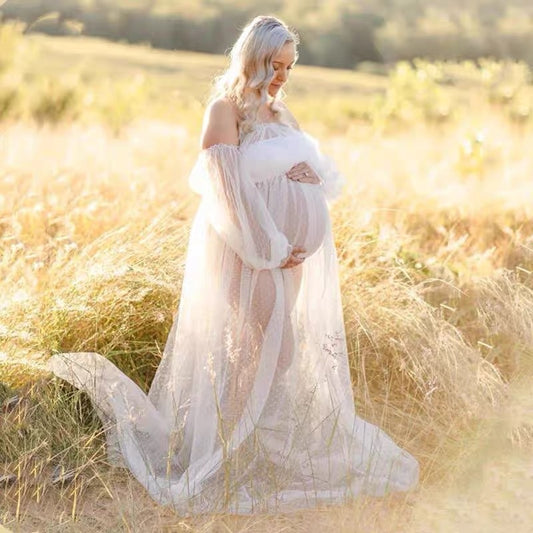 Vestido Premamá Hombros Descubiertos con Mangas Abullonadas y Estampado de Puntos