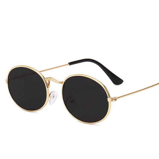 Retro round frame sunglasses with gold metal frames, black lenses, and black temple tips on a white background. - Image 10