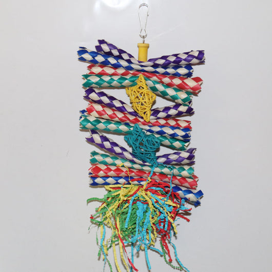 Colorful bird gnawing toy with braided paper strips, shredded paper, and woven balls, hanging from a hook. - Image 4