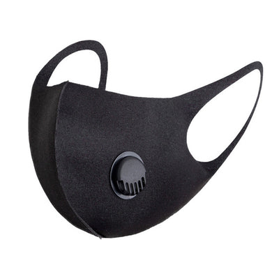 Pink knitted face mask with a black breather valve, designed for dust protection and comfortable wear. - Image 2