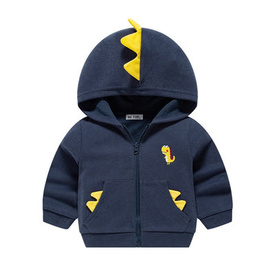Olive green full-zip hoodie for kids with orange dinosaur spikes on the hood and pockets, and a dinosaur embroidery. - Image 9