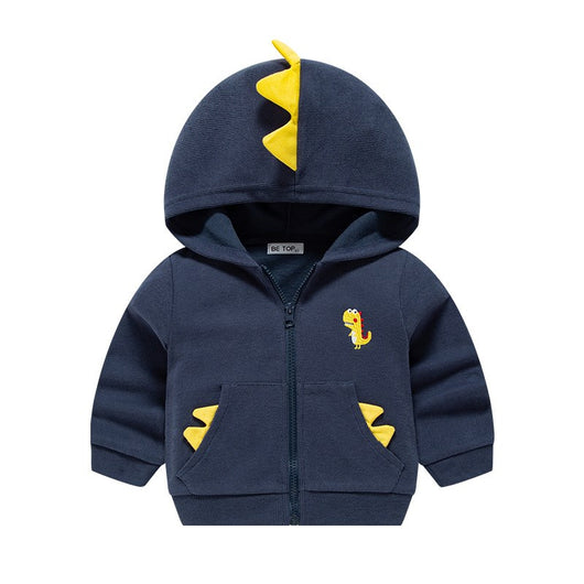 Olive green full-zip hoodie for kids with orange dinosaur spikes on the hood and pockets, and a dinosaur embroidery. - Image 9
