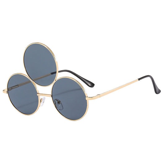 Red lens round sunglasses with a gold metal frame and an extra small round lens above the left eye. - Image 14