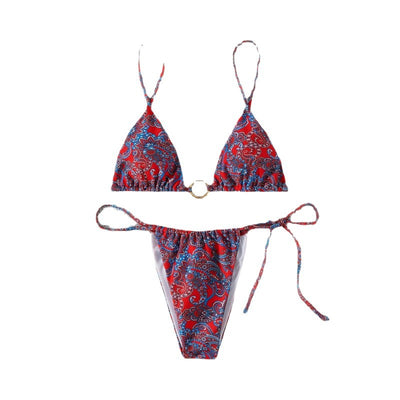 Green and yellow paisley print two-piece bikini swimsuit with a triangle top and tie-side thong bottom. - Image 3
