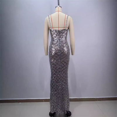 Vestido Largo Elegante Espalda Descubierta con Lentejuelas y Tirantes - Image 4