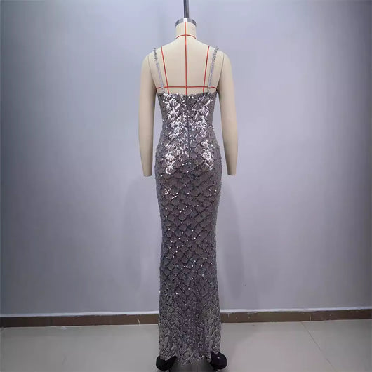 Vestido Largo Elegante Espalda Descubierta con Lentejuelas y Tirantes - Image 4