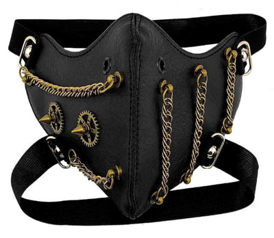Black leather half-face mask with brass chains, spikes, and gear accents, featuring adjustable elastic straps. - Image 13