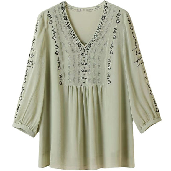 Blusa Suelta con Escote en V y Bordados Elegantes