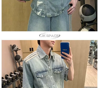 Camisa Denim Retro con Tres Rayas Laterales para Hombre - Image 22