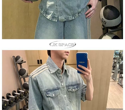Camisa Denim Retro con Tres Rayas Laterales para Hombre - Image 22