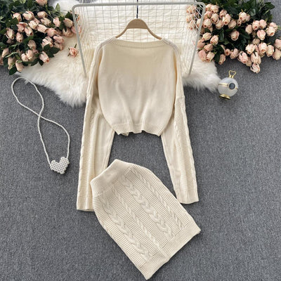 Conjunto Vintage Falda Alta con Suéter Retorcido de Manga Larga - Image 8
