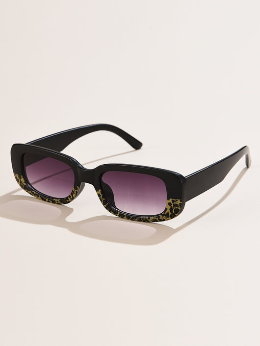 Rectangular tortoiseshell sunglasses with a small frame and dark gray lenses, angled on a white background. - Image 39