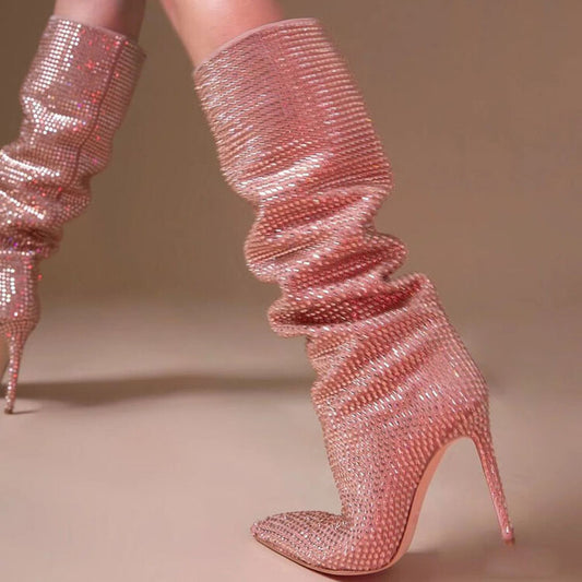 Botas Altas de Tacón Stiletto con Cristales para Mujer