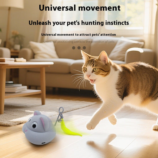 Gray pet toy shaped like a mouse or cat head with googly eyes, pink ears, and a yellow feather with a bell. - Image 2