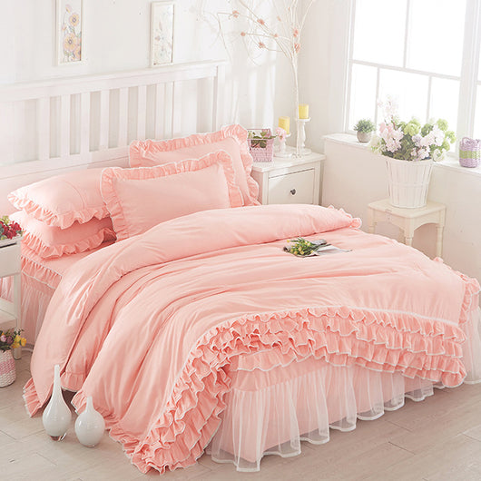 Juego de Cama Princesa con Encaje - Cubrecama Estilo Falda de Cama Cuatro Piezas Color Sólido - Image 22