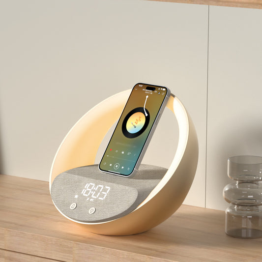 Cargador Inalámbrico Multifunción con Reloj, Luz Despertador y Parlante Bluetooth