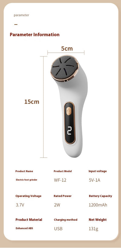 Ivory white electric foot grinder with digital display, power button, and three interchangeable grinding heads. - Image 9