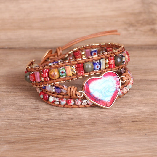 Pulsera Multicapa de Cuero Trenzado con Piedra Emperador y Abalorios Coloridos - Image 4