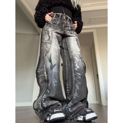 Jeans Talla Grande Estilo Americano con Diseño Graffiti Lavado para Mujer - Image 3