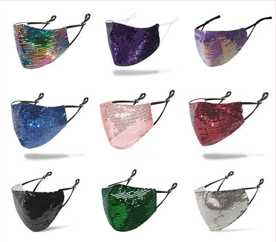 Green sequined adult face mask with adjustable black ear loops, designed for dust protection. - Image 11