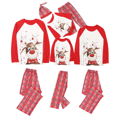 Red and white family Christmas pajamas with a reindeer graphic on the tops and red plaid pants, including a baby romper and hat. - Image 3