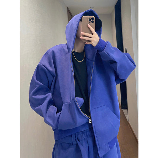 Chamarra Hoodie Azul Suelta con Cierre - Abrigo Corto Retro para Hombre - Image 2