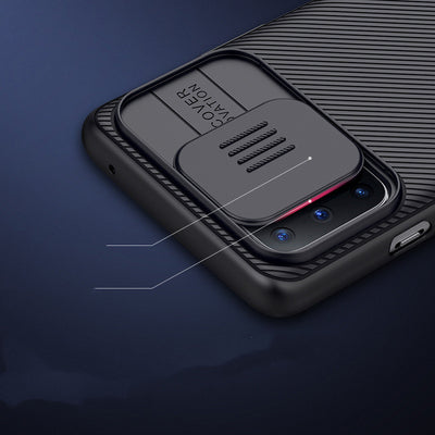 Black textured phone case for OnePlus 8T with a sliding camera cover and precise cutouts for buttons. - Image 10