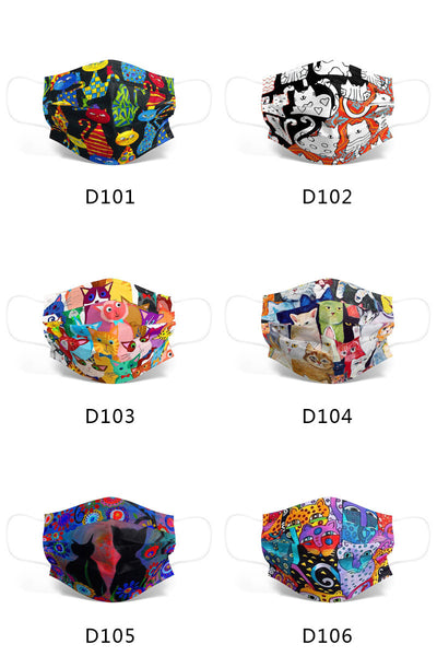 Disposable face mask with a colorful, artistic cartoon cat print and white ear loops. - Image 2